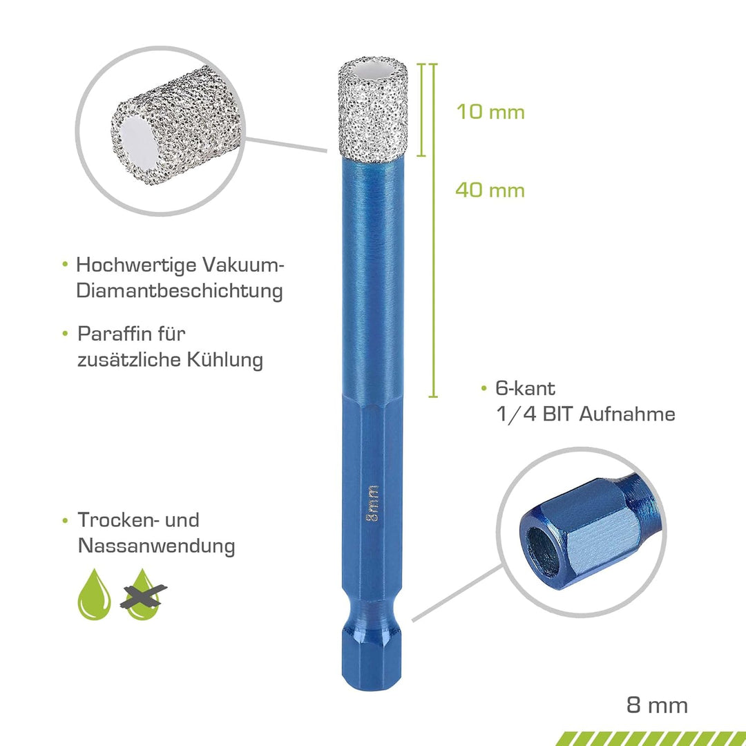 Profi Fliesenbohrer 8mm BIT Adapter - Diamantbohrer für Feinsteinzeug, harte Fliesen uvm. Diamantboh