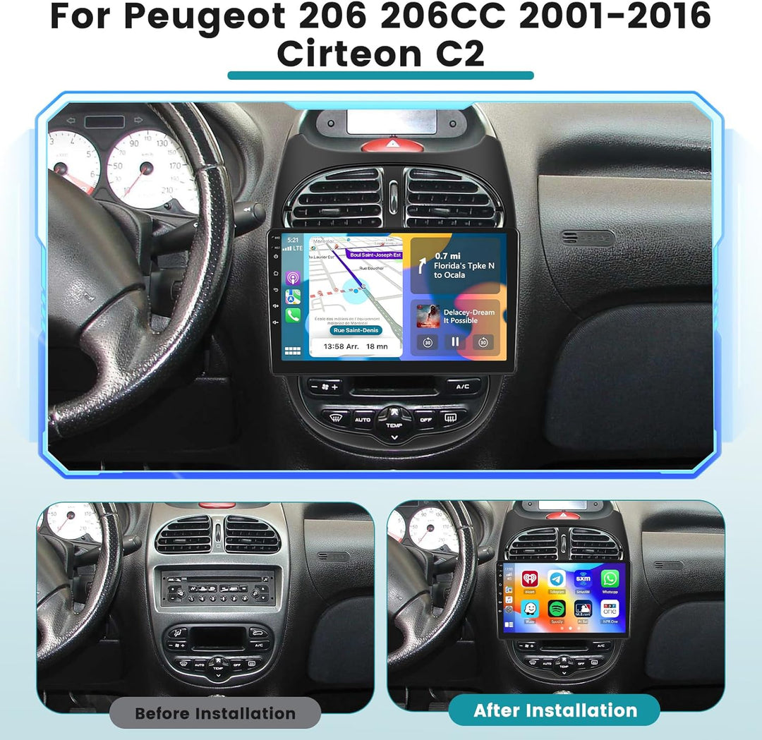 Hikity 2G 64G Android 15 Autoradio Für Peugeot 206 206CC 2001-2016/Cirteon C2 mit Wireless Carplay A