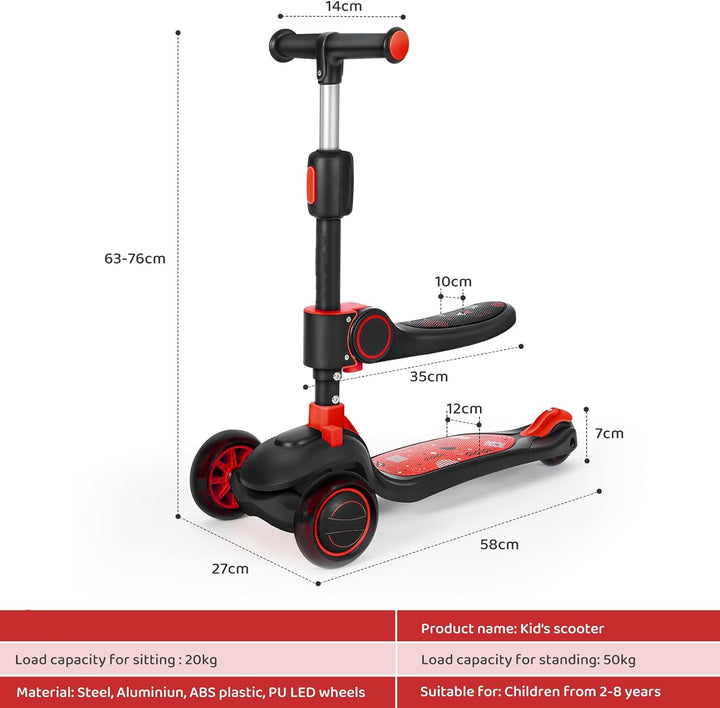Kinderroller mit 360° drehbarem Sitz, stufenlose Höhenverstellung, Scooter mit LED-Rädern, Faltbarer
