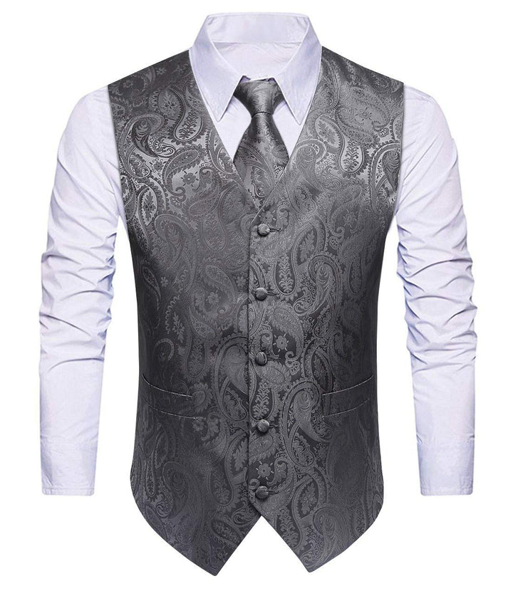 HISDERN Herren Weste Paisley Floral Jacquard Krawatte Einstecktuch Taschentuch Weste Anzug Set XS Gr