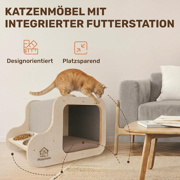 Katzenhaus mit Katzenbett, Katzenhöhle & Katzennapf | Katzenkorb, 3-in-1 Kratzmatte mit Katzen-Napfs