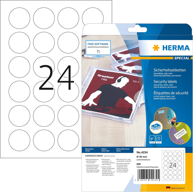 HERMA 4234 Sicherheitsetiketten gegen Manipulation rund, 25 Blatt, Ø 40 mm, 24 Stück pro A4 Bogen, 6