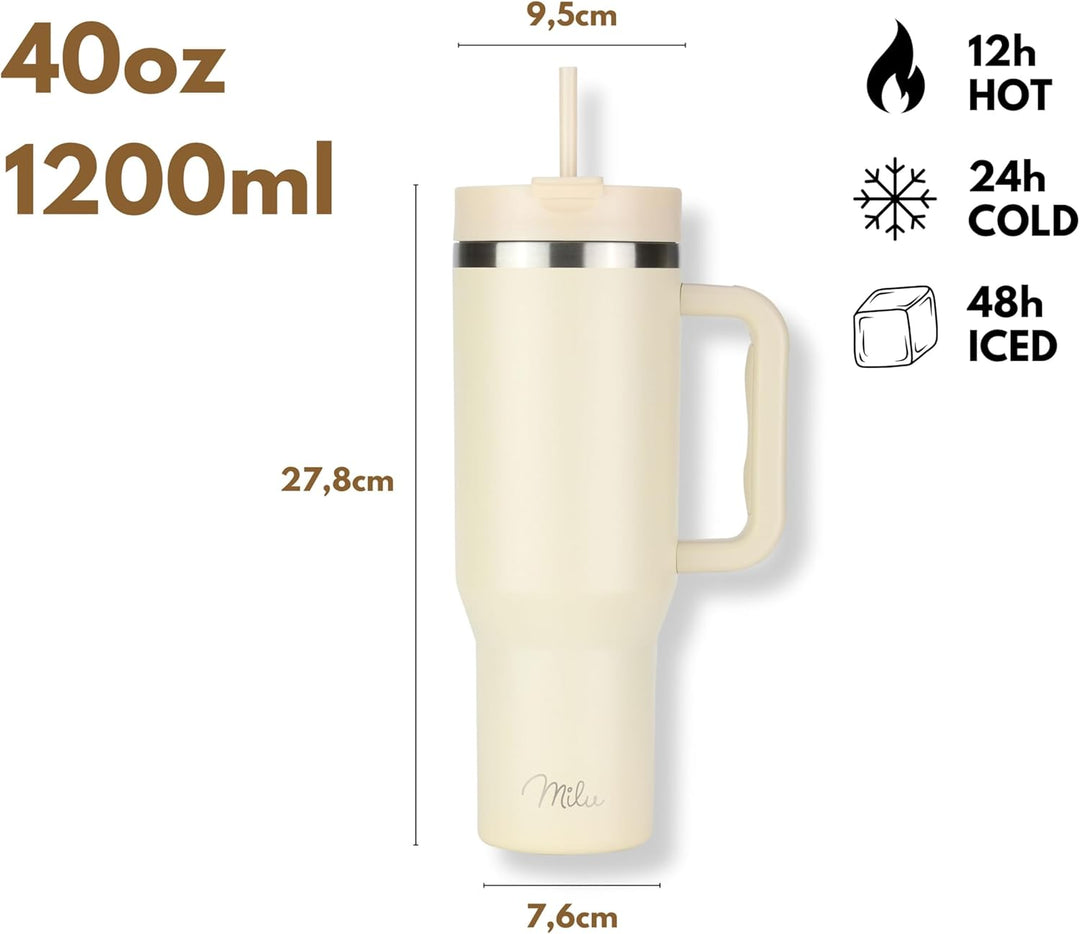 Milu Thermobecher 1200ml mit Strohhalm und Henkel – 48h Eis/24h kalt/12h heiss Edelstahl Tumbler 40o