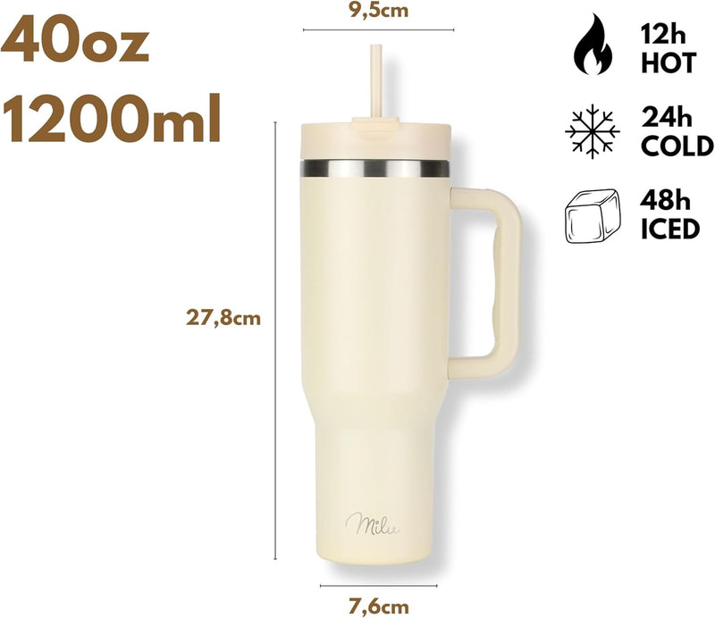 Milu Thermobecher 1200ml mit Strohhalm und Henkel – 48h Eis/24h kalt/12h heiss Edelstahl Tumbler 40o