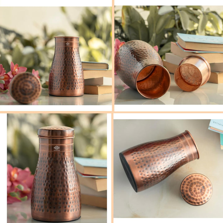 INDIAN ART VILLA Pure Copper Schlafzimmer Wasserflasche mit eingebautem Glas, gehämmertes Antik-Desi