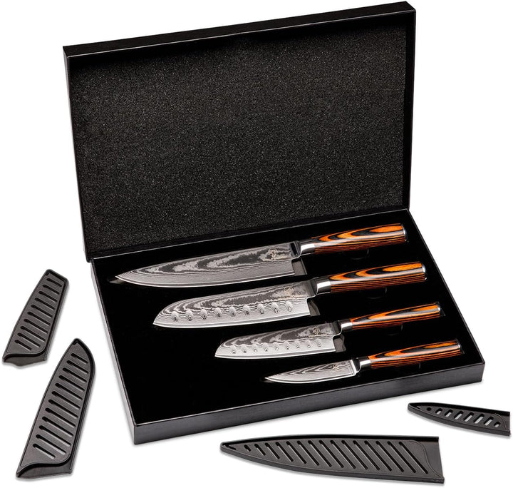 Wolfblood 4er Damastmesser Set (32, 30, 24 und 20 cm) mit magnetischem Messerblock aus Akazienholz –