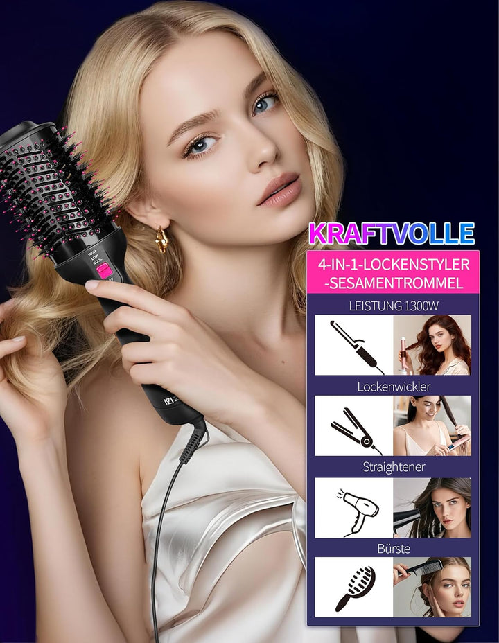 1300W Warmluftbürste, 4-in-1 Föhnbürste mit Antifrizz-Effekt, Keramik-Titan-Zylinder – Salon-Heisslu