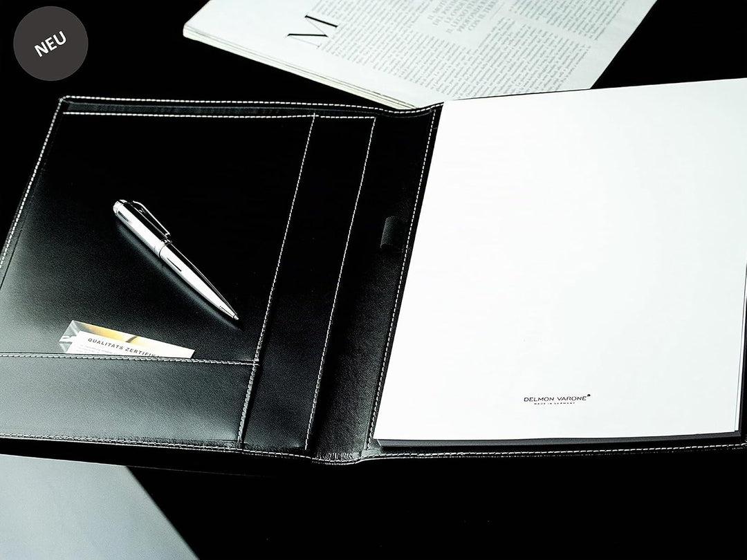 DELMON VARONE - Personalisierbare Schreibmappe DIN A4 aus Cambridge Top Grain Leder schwarz, Organiz