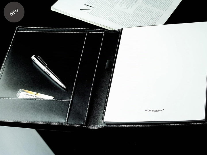DELMON VARONE - Personalisierbare Schreibmappe DIN A4 aus Cambridge Top Grain Leder schwarz, Organiz