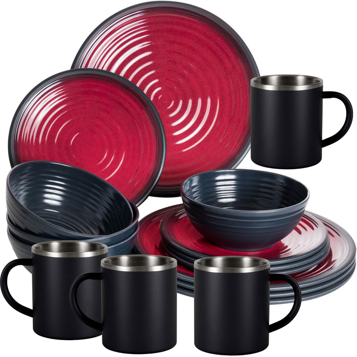 Melamin Geschirr Set Rot Schwarz mit Edelstahl Thermo Tassen doppelwandig - Tonoptik Essgeschirr - C