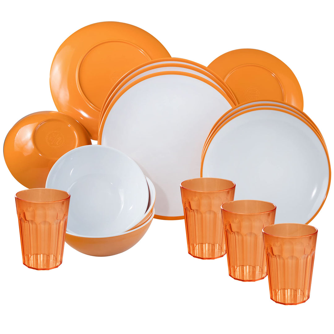 Camping Geschirr Set aus Melamin und Glas Set für 4 Personen - 16 Teile - Campinggeschirr - gelb wei