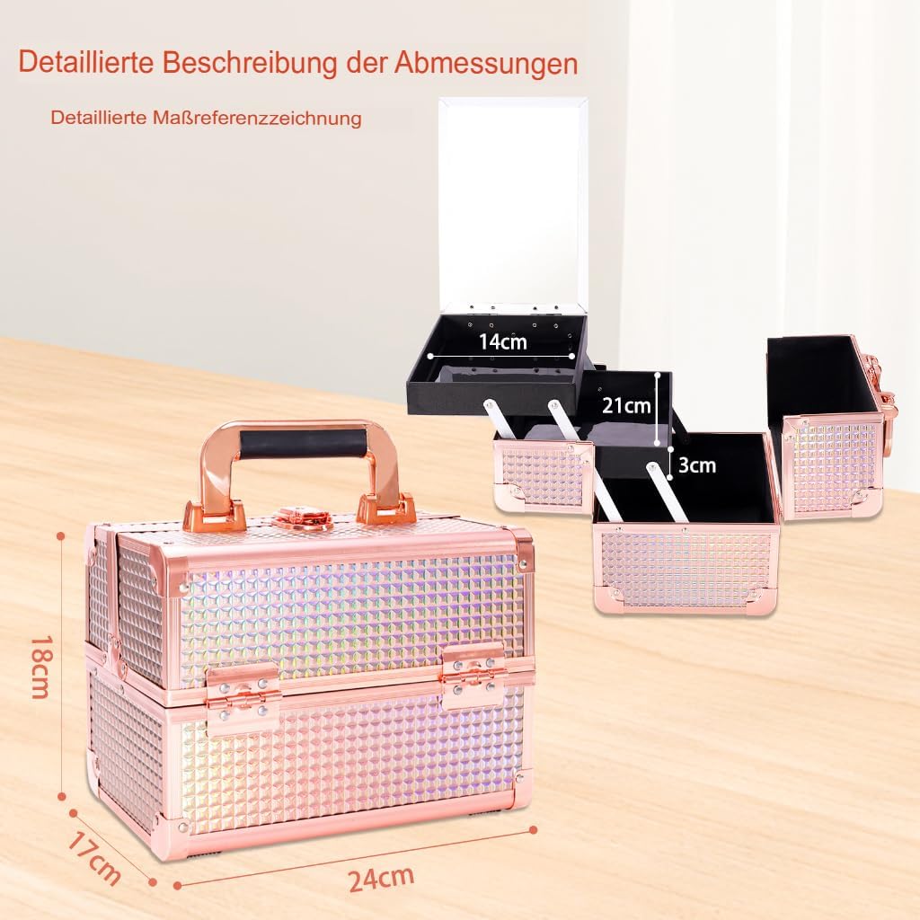 Kosmetikkoffer Aluminium Schminkkoffer, Kosmetikkoffer Kosmetik Beautycase mit Spiegel, Tragegriff &