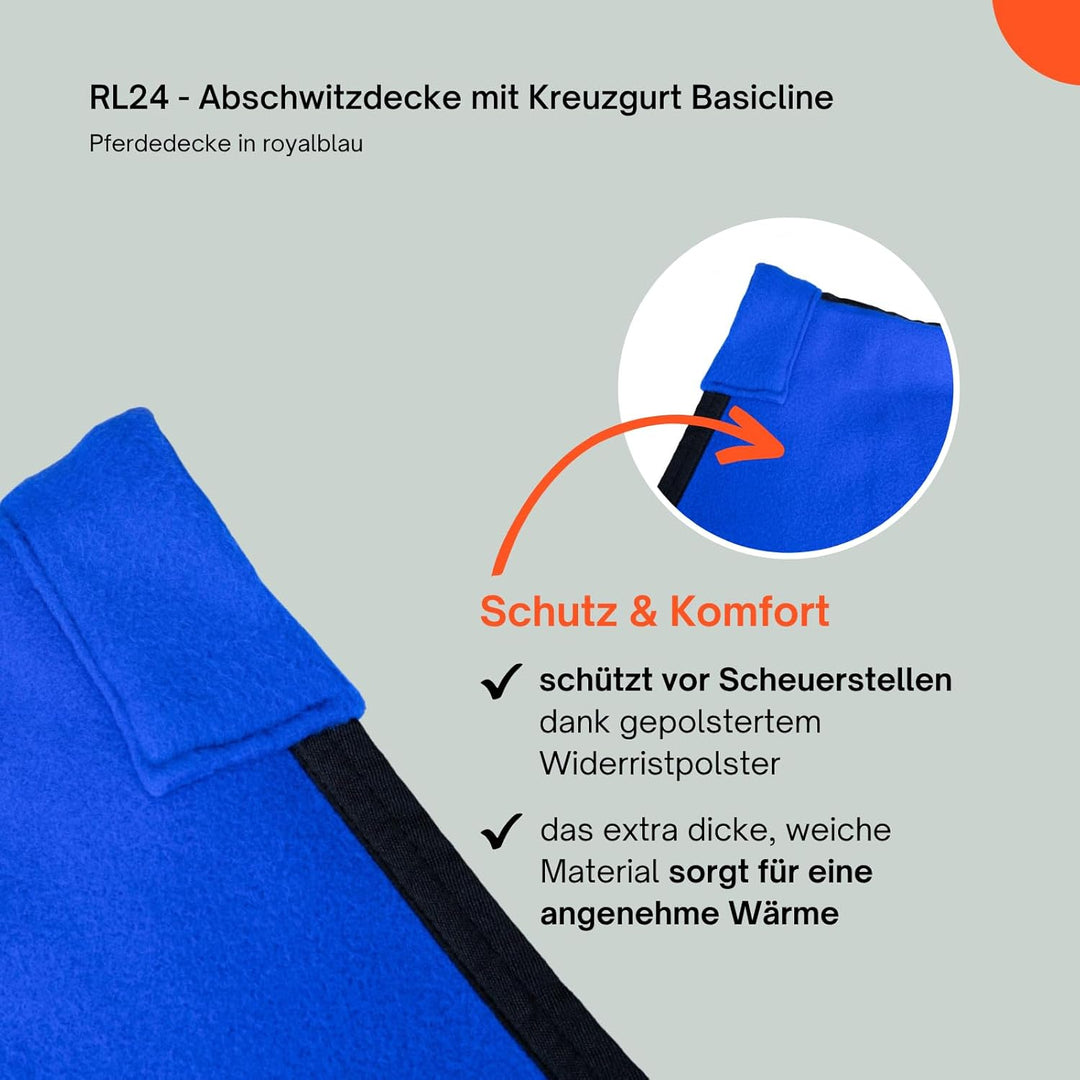 RL24 - Abschwitzdecke BASICLINE mit Kreuzgurt fürs Pferd ist atmungsaktiv Fleecedecke Transportdecke