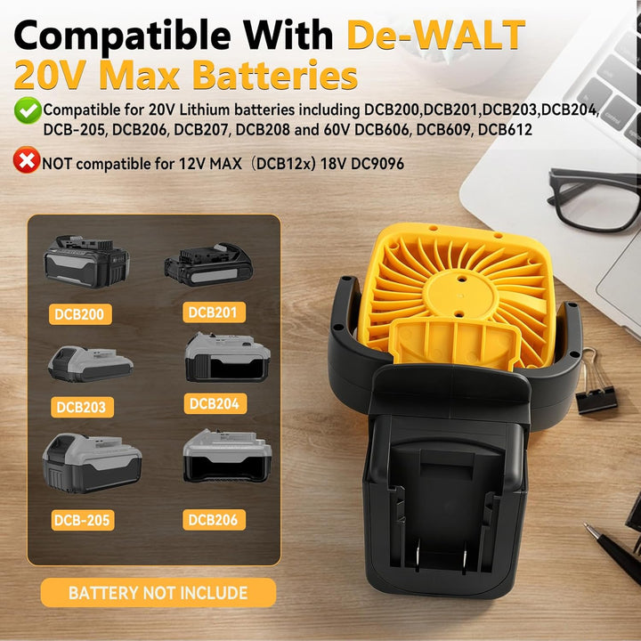 Ventilator zum Anklippen, kompatibel mit Dewalt 20-V-Batterie, tragbarer kabelloser Ventilator mit 3