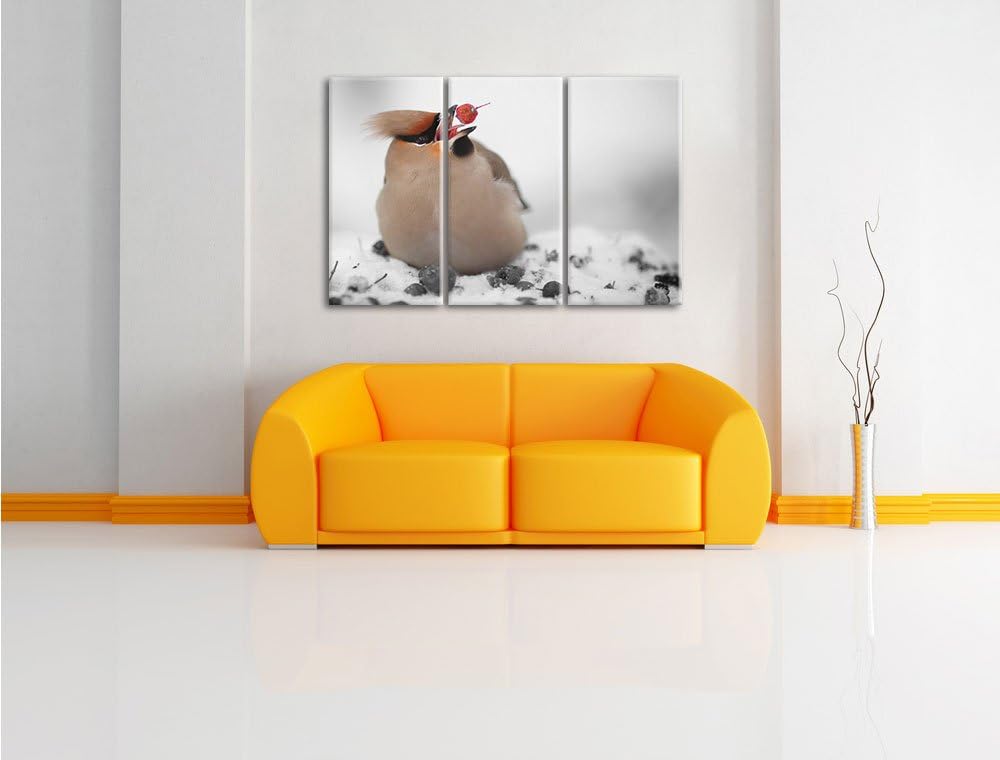 Pixxprint Kleiner Vogel im Schnee Schwarz/Weiss 3-Teiler Leinwandbild 120x80 Bild auf Leinwand