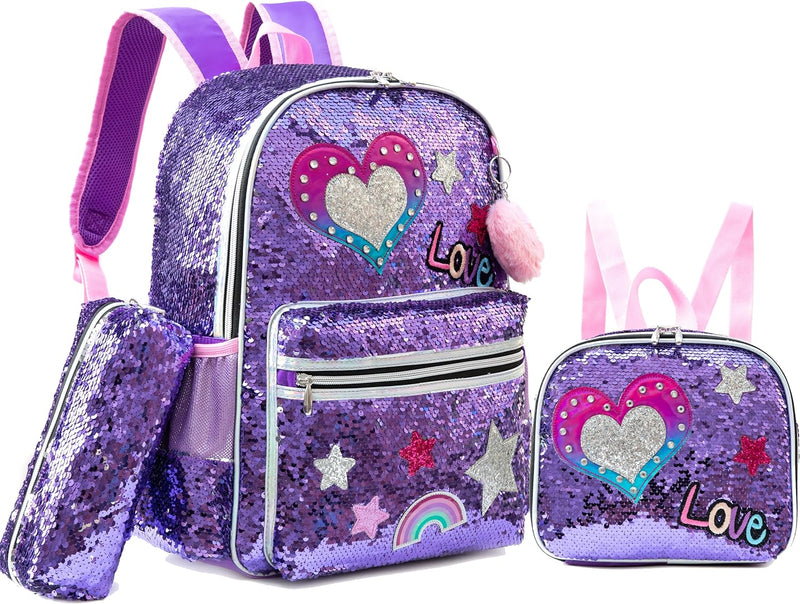 HTgroce Lila Pailletten Schulrucksack Set 3 Teilig, Schultasche ab 3. Klasse, Grundschule Ranzen, Er