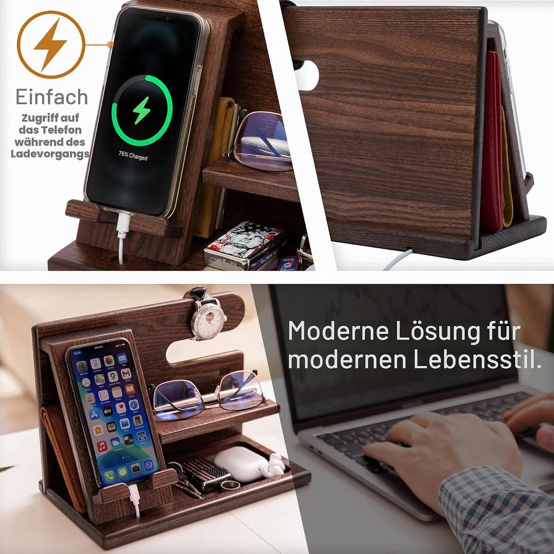 TESLYAR Holz Handyhalter & Dockingstation - Organizer für Brieftasche Schlüssel & Uhr Valentinstag G