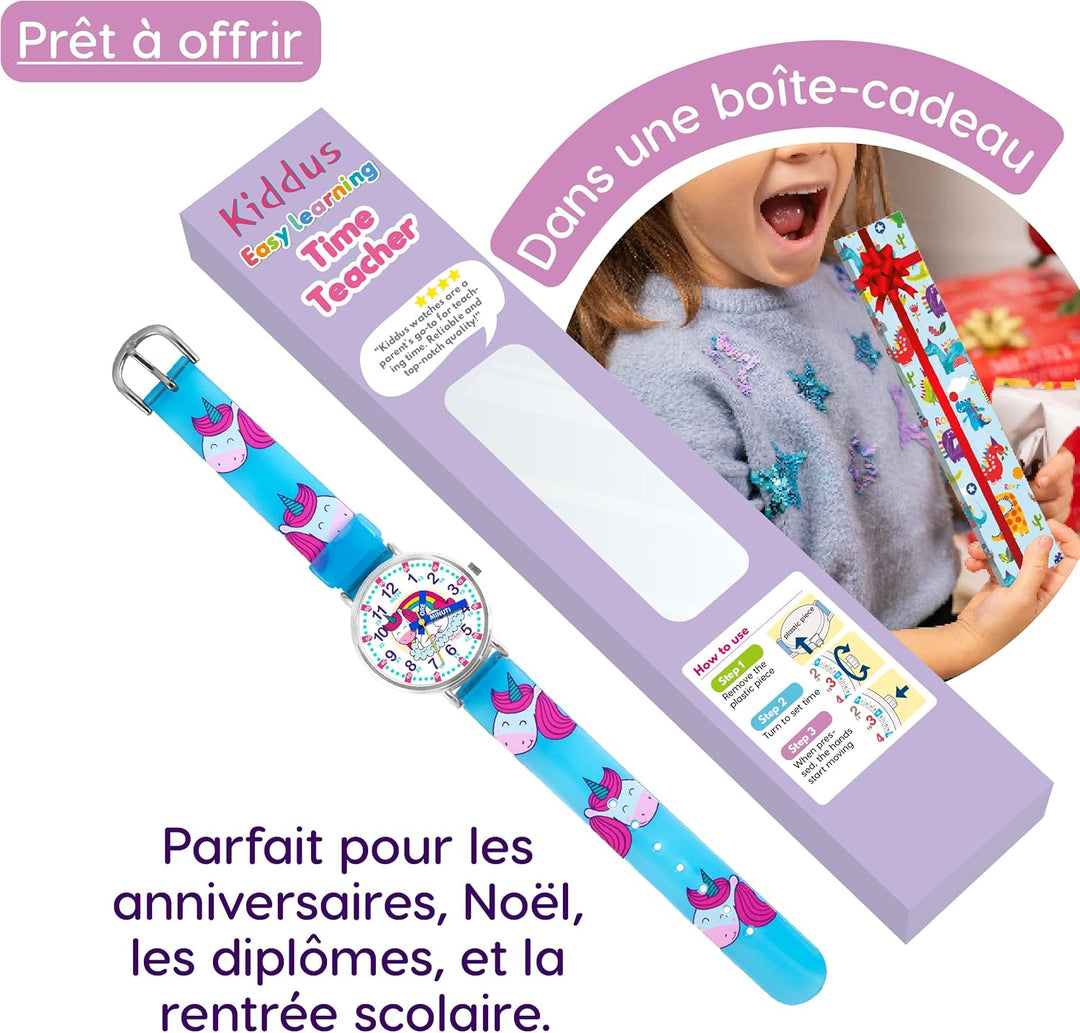 Kiddus Lern Armbanduhr für Kinder, Jungen und Mädchen. Analoge Armbanduhr mit Zeitlernübungen, japan