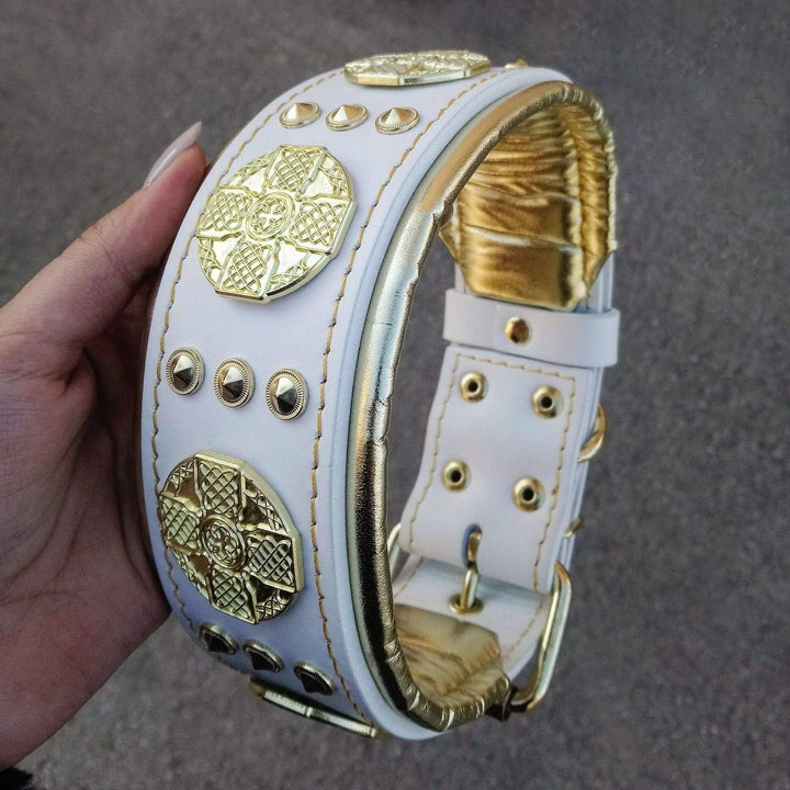 Bestia Maximus Weiss Echtleder Hundehalsband für grosse Hunde. 100% Leder. Weich gepolstert. 6,3 cm
