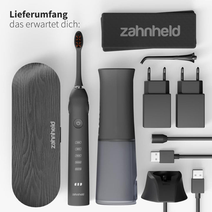 Zahnheld® Super-Set, elektrische Schallzahnbürste GERO + Munddusche AQUADENT | inkl. Bürstenkopf & R