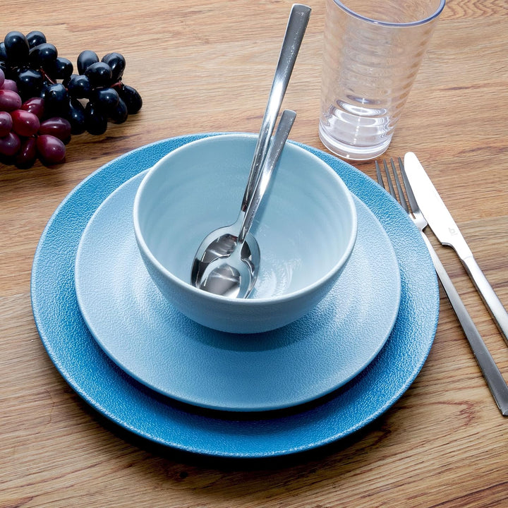 Melamin Geschirr Set 20 Teile elegante Steingut Optik in blau mit Wasserglas 400ml klar - für 4 Pers