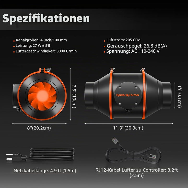 SPIDER FARMER 10,2 cm Inline Kanalventilator mit Temperatur- und Luftfeuchtigkeitskontrolle, Entlüft