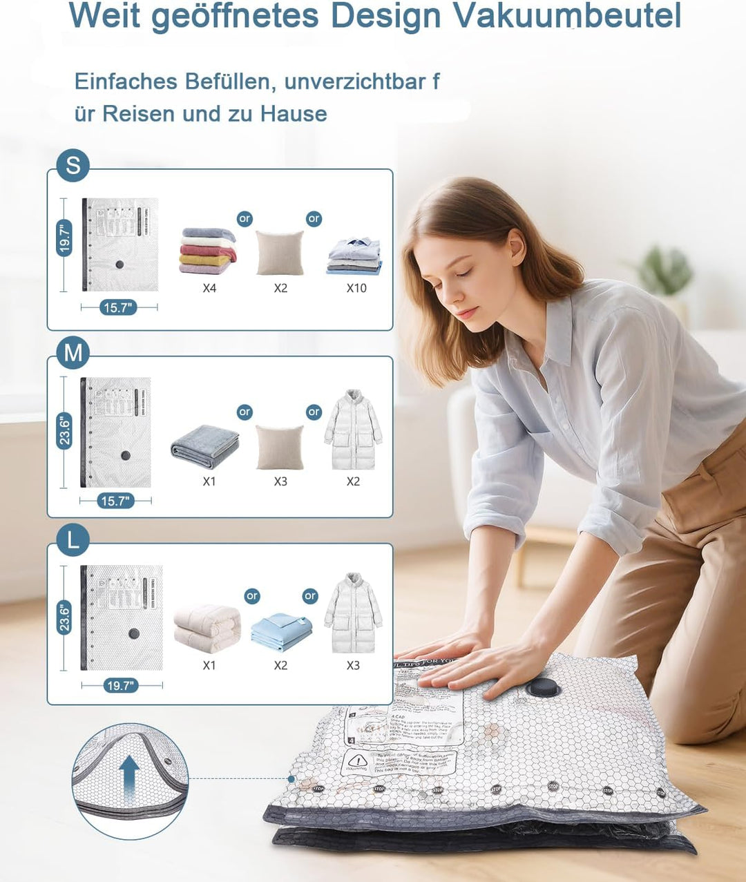 Vakuumbeutel für Kleidung bettdecken, 6 Stück(3 Gross 60x50cm & 2 x Mittel 60x40cm & 2 Kleine 50x40c