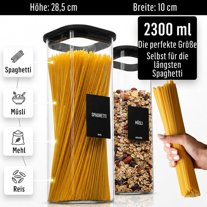 Deco haus Vorratsgläser mit Glasdeckel für Spaghetti 2x 2300ml + Etiketten | Vorratsdosen Glas mit D