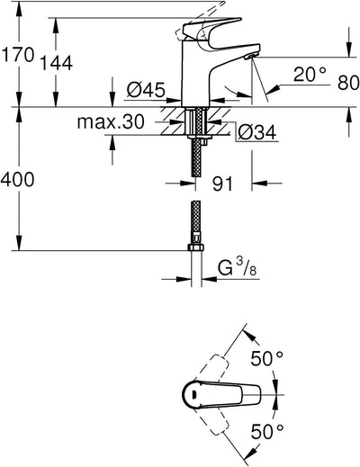 GROHE Bauflow - Waschtischarmatur (wassersparend, S-Size, Einlochmontage), chrom, 23752000 S-Size Gl