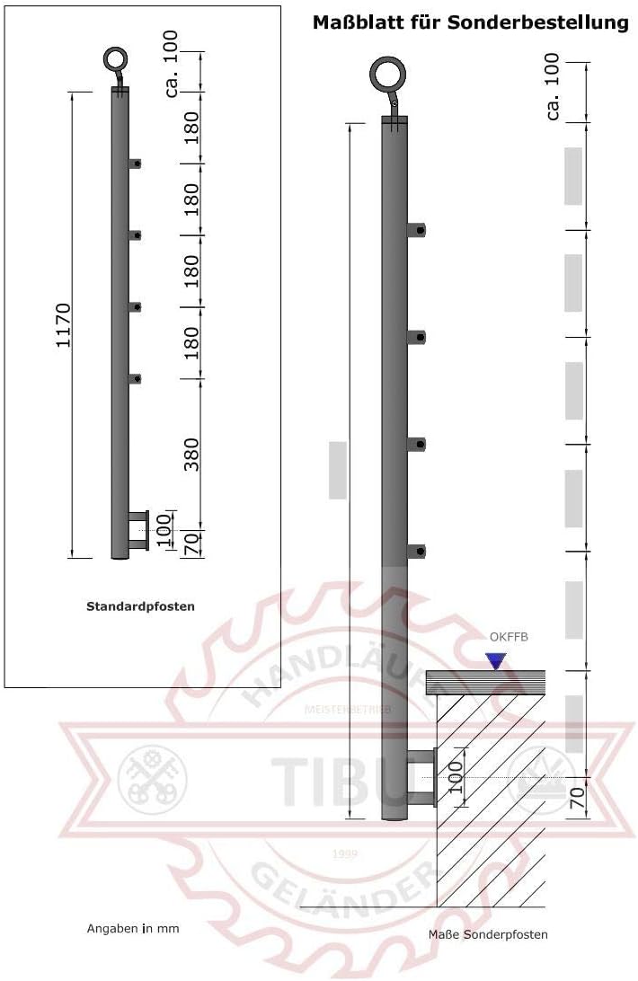 TIBU Einzelner Edelstahl Geländer Handlaufpfosten für seitliche Montage 4 Streben Seitenabstand 90mm
