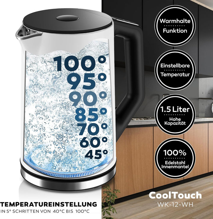 BALTER Edelstahl Wasserkocher mit Temperatureinstellung, 40°C-100°C, Doppelwand, BPA frei, leise & k