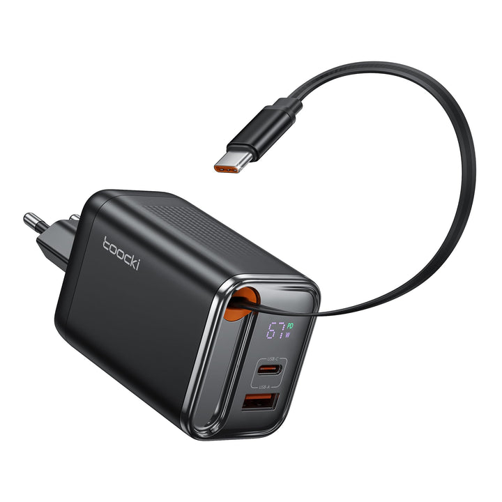 toocki USB C Ladegerät, 3Port GaN Mehrfach Ladegerät mit Schnell Einziehbares Ladekabel,67W USB C Ne