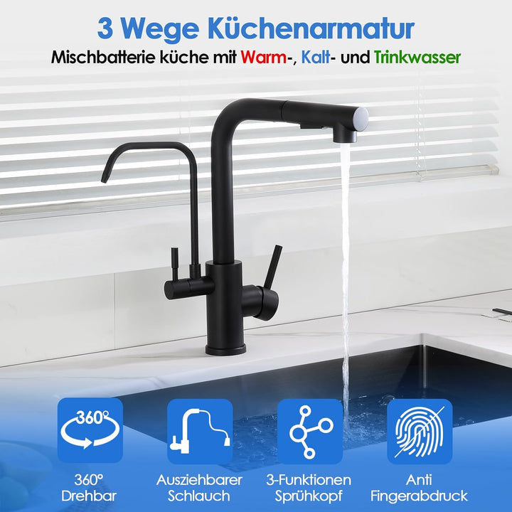 ROVOGO 3 Wege Wasserhahn Küche Edelstahl 304 mit Herausziehbare Dual-Spülbrause, Hochdruck Schwarz K