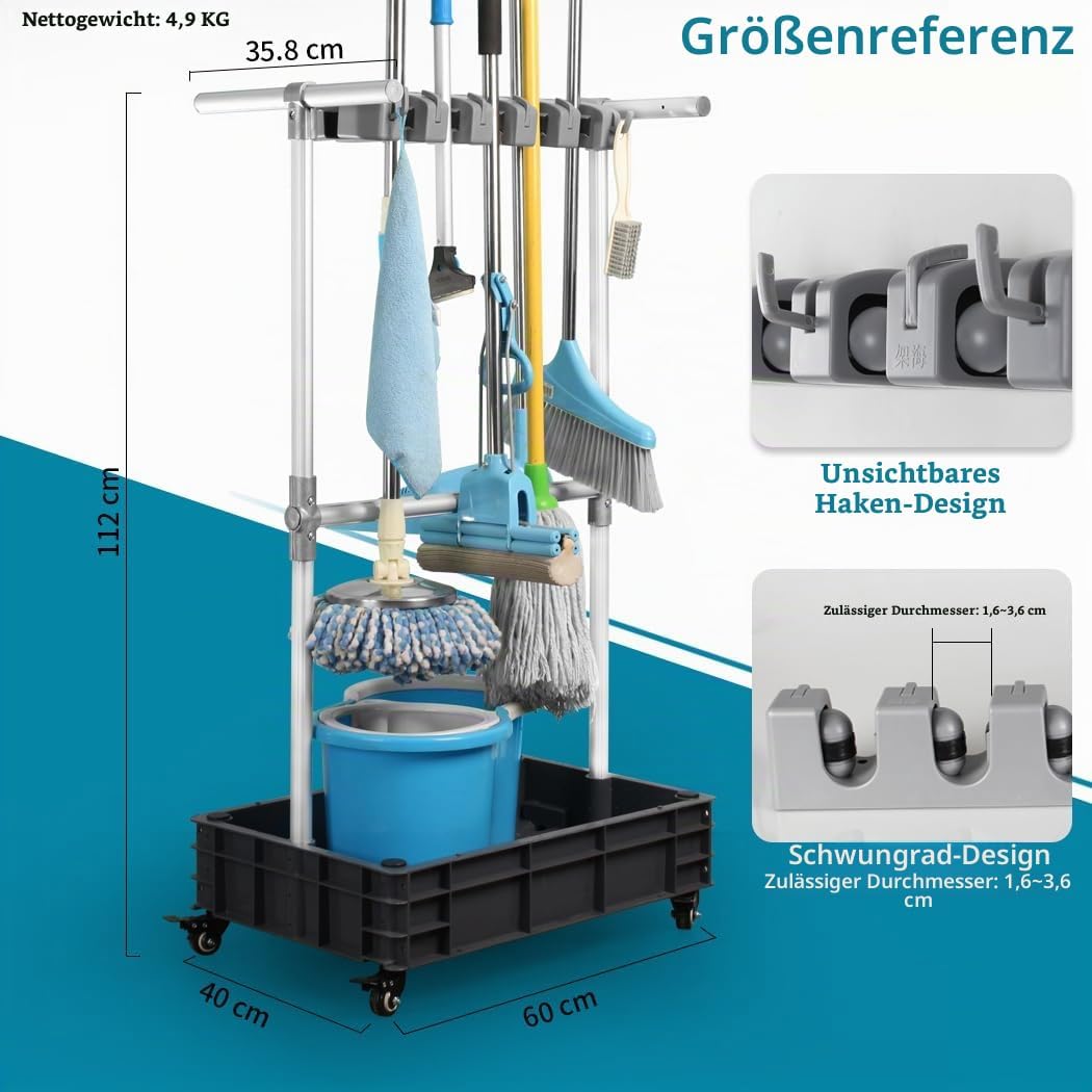 Mopphalter, besenhalter Aufbewahrung für Reinigungsgeräte, mobiler Reinigungswagen, löst das Problem