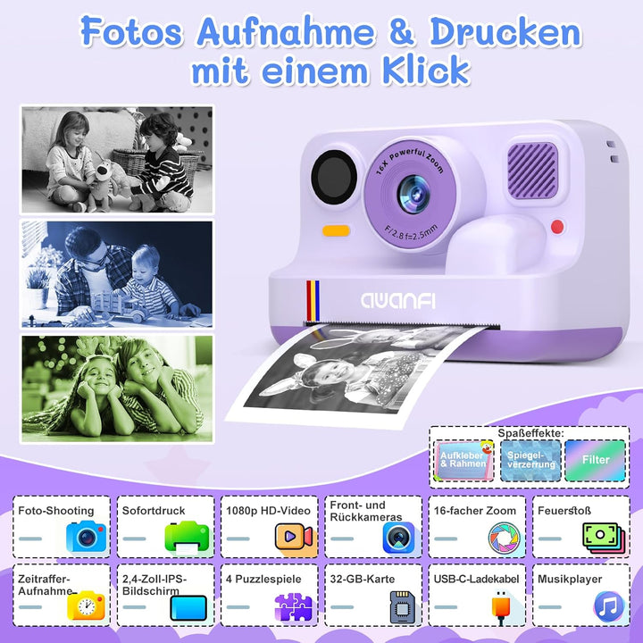 Kinderkamera Sofortbildkamera, 1080P Sofortbildkamera Kinder mit 32GB Karte & 3 Rollen Druckpapier,
