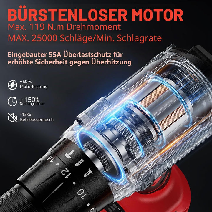 119Nm Bürstenloser Akkuschrauber mit Schlagbohrfunktion &amp; 2x21V 4.0Ah Akkus | Kompatibel mit Makita