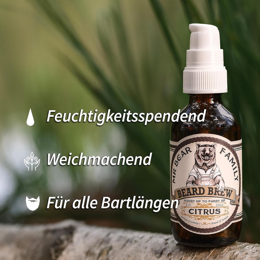 Mr Bear Family Bartöl Herren - Citrus - pflegt und unterstützt Bart Wachstum - nährreiches Bartpfleg