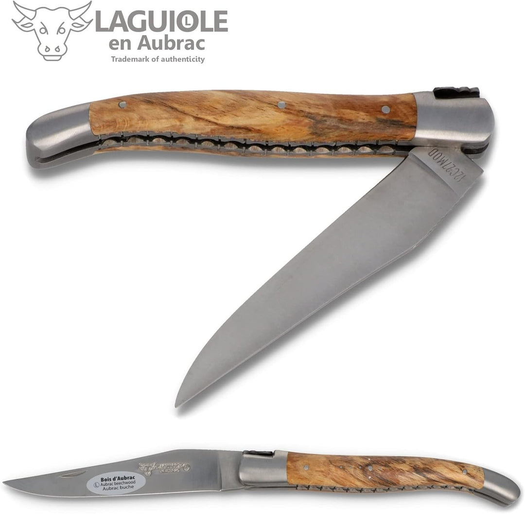 Laguiole en Aubrac Taschenmesser - 12 cm Doppelplatine - Griff Aubrac Buchenholz - Klinge 10 cm matt
