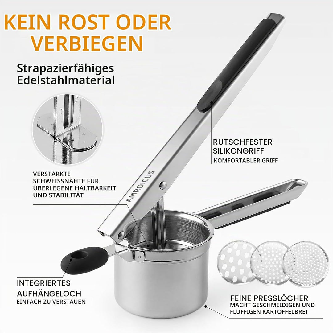 Kartoffelpresse 15oz, robuster Kartoffelstampfer aus Edelstahl mit 3 austauschbaren Scheiben, grosse