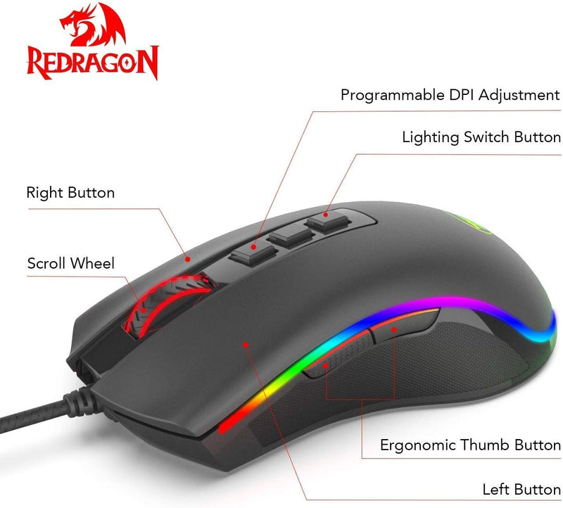 Redragon M711 Cobra Gaming Maus mit 16,8 Millionen RGB-Farben und Hintergrundbeleuchtung, 10.000 DPI