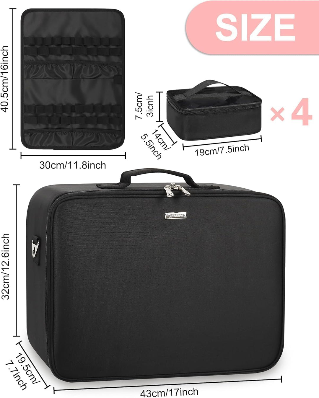 Relavel XXL Make-up-Koffer, Professioneller Kosmetik-Organizer mit Pinselhalter, 4 durchsichtigen Ta
