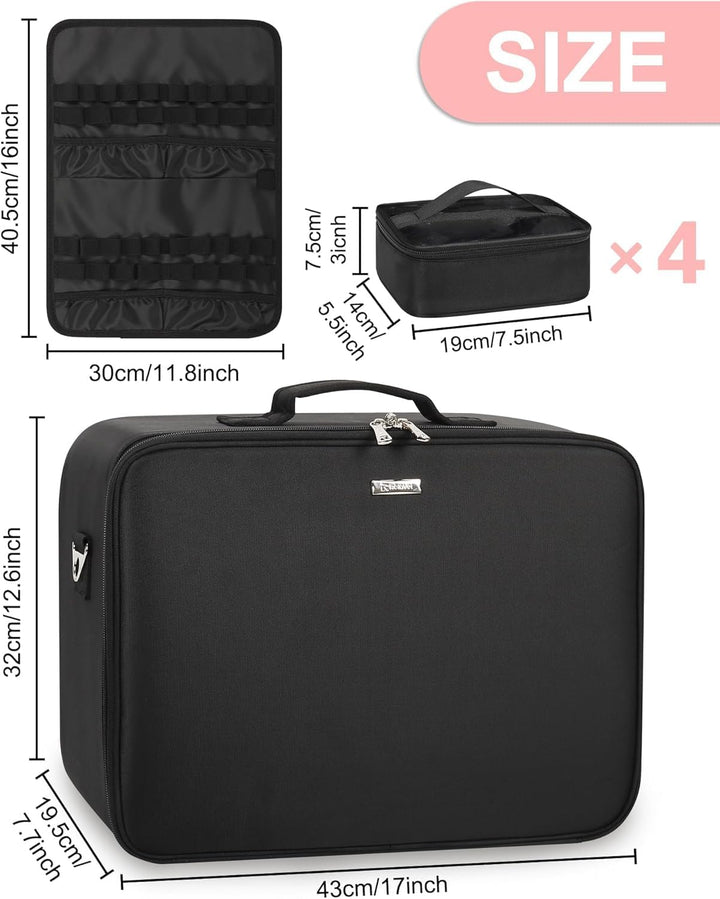 Relavel XXL Make-up-Koffer, Professioneller Kosmetik-Organizer mit Pinselhalter, 4 durchsichtigen Ta