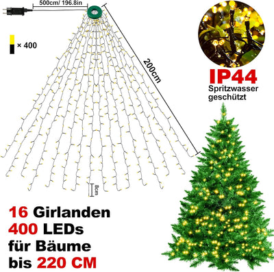 BELLALICHT Weihnachtsbaum Lichterkette, 400 LEDs 2M Höhe 16 Girlanden LED Christbaumbeleuchtung mit