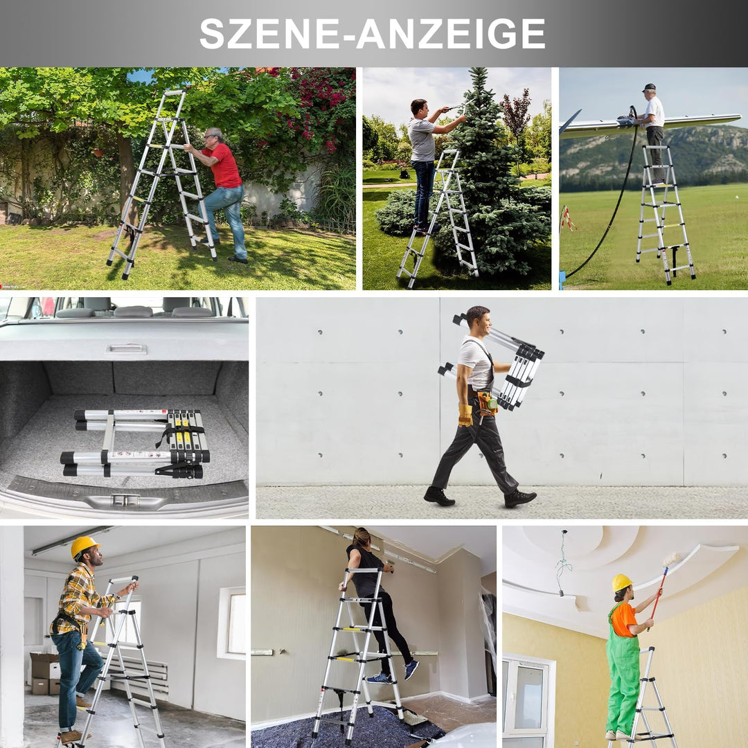 Eulenke Teleskopleiter 1.7m+2.0m Aluminium Trittleiter 5+6 Stufen Tragbare rutschfeste Klappleiter,