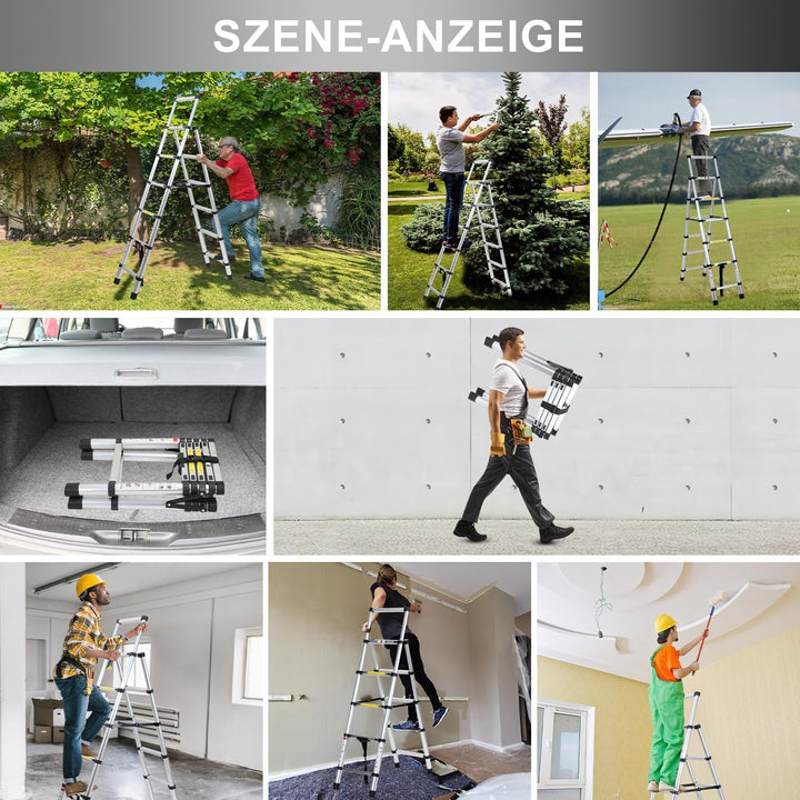 Eulenke Teleskopleiter 1.7m+2.0m Aluminium Trittleiter 5+6 Stufen Tragbare rutschfeste Klappleiter,