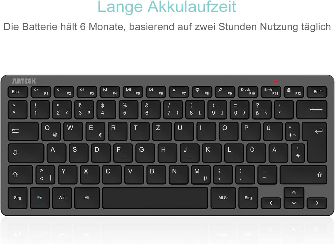 Arteck Kabellose Tastatur, Deutsches QWERTZ Layout Kompakte USB 2,4 GHz Mini Kabellos Tastatur mit M