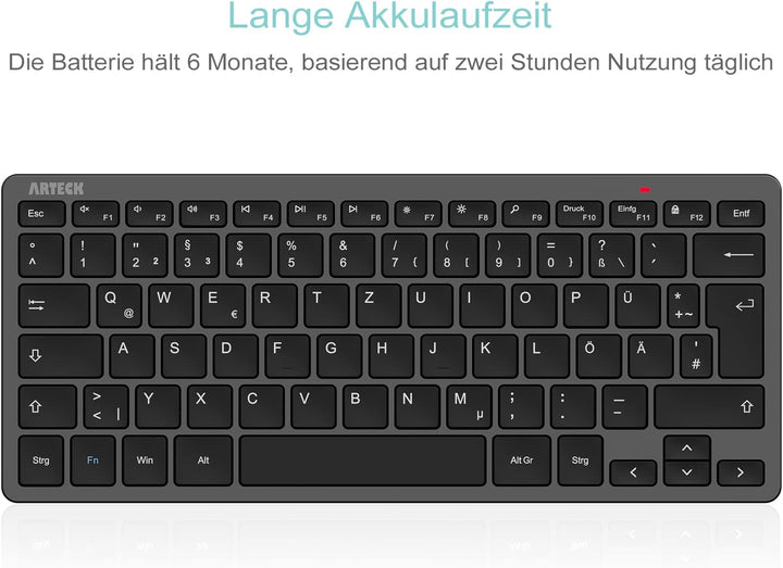 Arteck Kabellose Tastatur, Deutsches QWERTZ Layout Kompakte USB 2,4 GHz Mini Kabellos Tastatur mit M