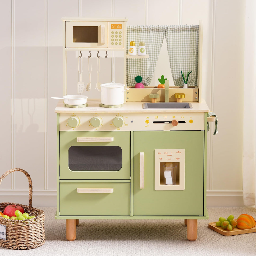 ROBUD Kinderküche aus Holz – Spielküche mit Kühlschrank, Eiswürfelspender, Backofen & Zubehör, Rolle