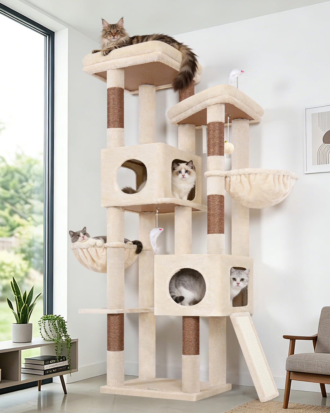 Globlazer Kratzbaum Stabil hoch 182 cm mit 2 Grosse Gepolsterte Plattformen, 2 Katzenhaus, 2 Korb, S