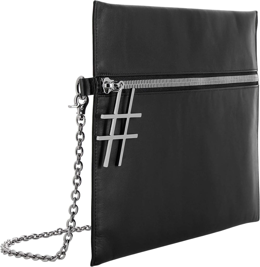 DUDU Schulter-Tasche Schwarz Damen aus Leder mit Kette Elegant Flaches Design mit Reissverschluss Sc